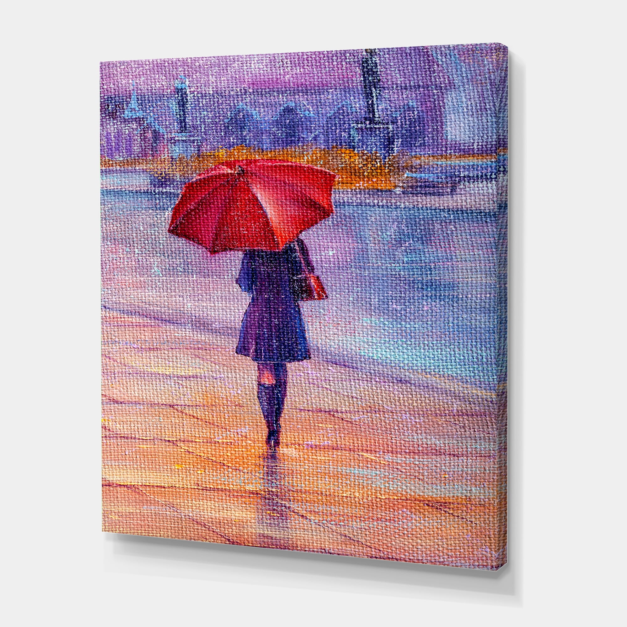Designart ' Girl Walking With Red Umbrella Under The Rain ' French Country Canvas Wall Art Print