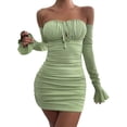 thumbnail image 1 of Vestido cruzado de manga larga para mujer: frente plisado, tirantes y mangas acampanadas, corte regular informal, 1 of 8