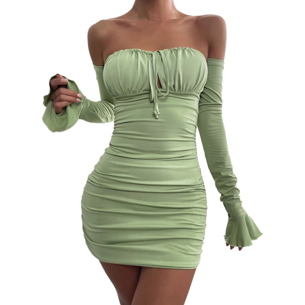 Vestido cruzado de manga larga para mujer: frente plisado, tirantes y mangas acampanadas, corte regular informal