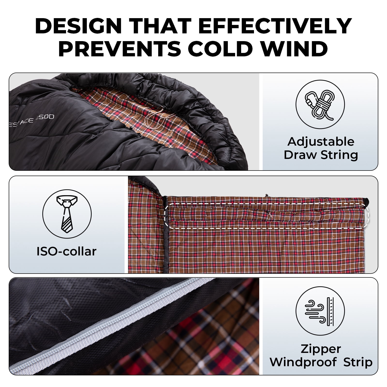 KingCamp Double Sleeping Bag for Adults, Queen Size 2-Person Sleeping Bag Flannel Lining Camping Bag with 2 Pillows & Compression Sack, 17.6°F-53.6°F, Black