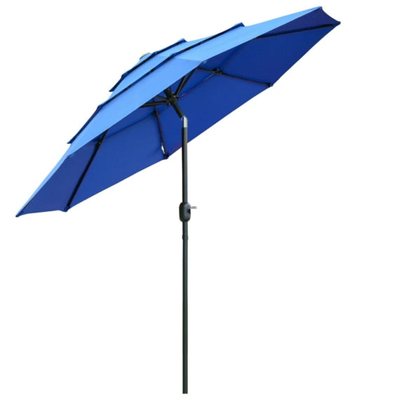9 Ft 3 Tiers Outdoor Patio Umbrella, Market Table Umbrella with Crank, Push Button Tilt, Adjust Waterproof Canopy for Deck, Backyard, Lawn, Pool and Garden, Dark Blue