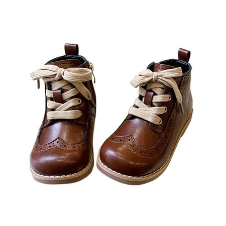 

GENILU Girls Boys Casual Comfort Short Bootie Wingtip Ankle Boots School Round Toe Booties Brown (Warm Lining) 11.5C