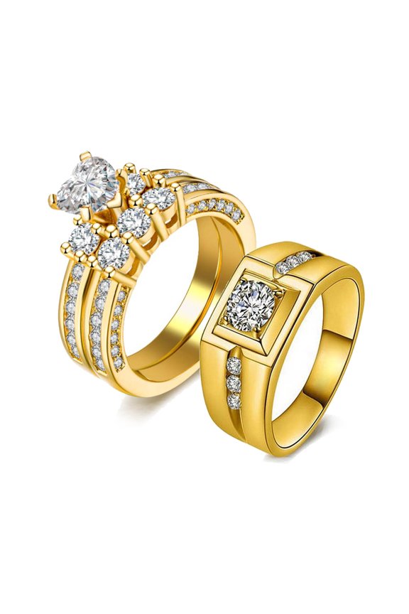 3pc His and Hers Wedding Ring Sets Couples Rings Yellow Gold Plated Heart Cz Titanium band
