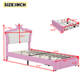 thumbnail image 2 of Twin Size Upholstered Bed Frame with LED Lights, Modern Upholstered Princess Bed with Crown Headboard, a Drawer, Pink+White, 2 of 5