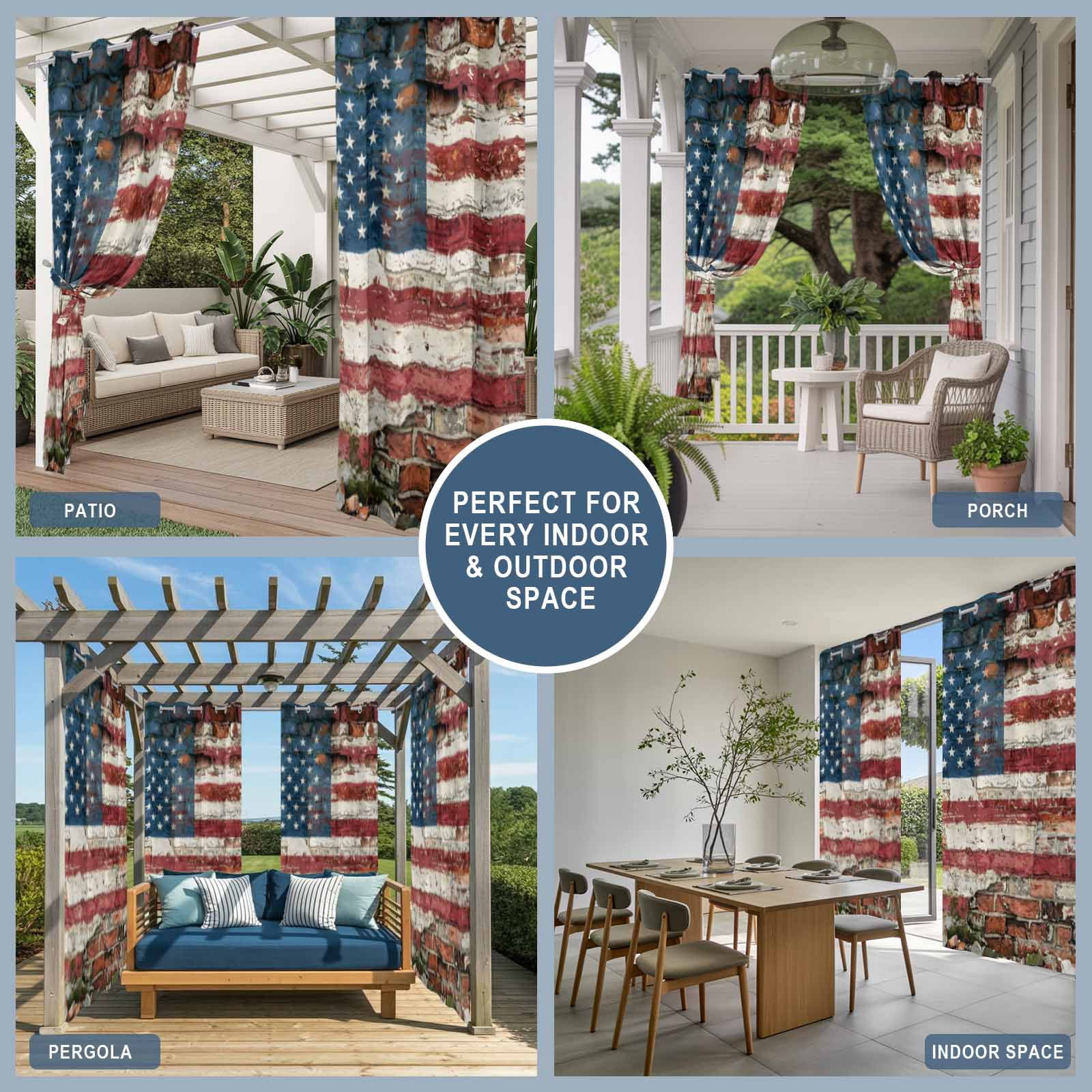 Independence Day Outdoor Curtains for Patio, Retro American Flag Star Brick Wall Stripes Sunshade Privacy Drapes Grommet Waterproof Outside Curtains for Porch/Cabana/Balcony 54"x 108", 1 Panel