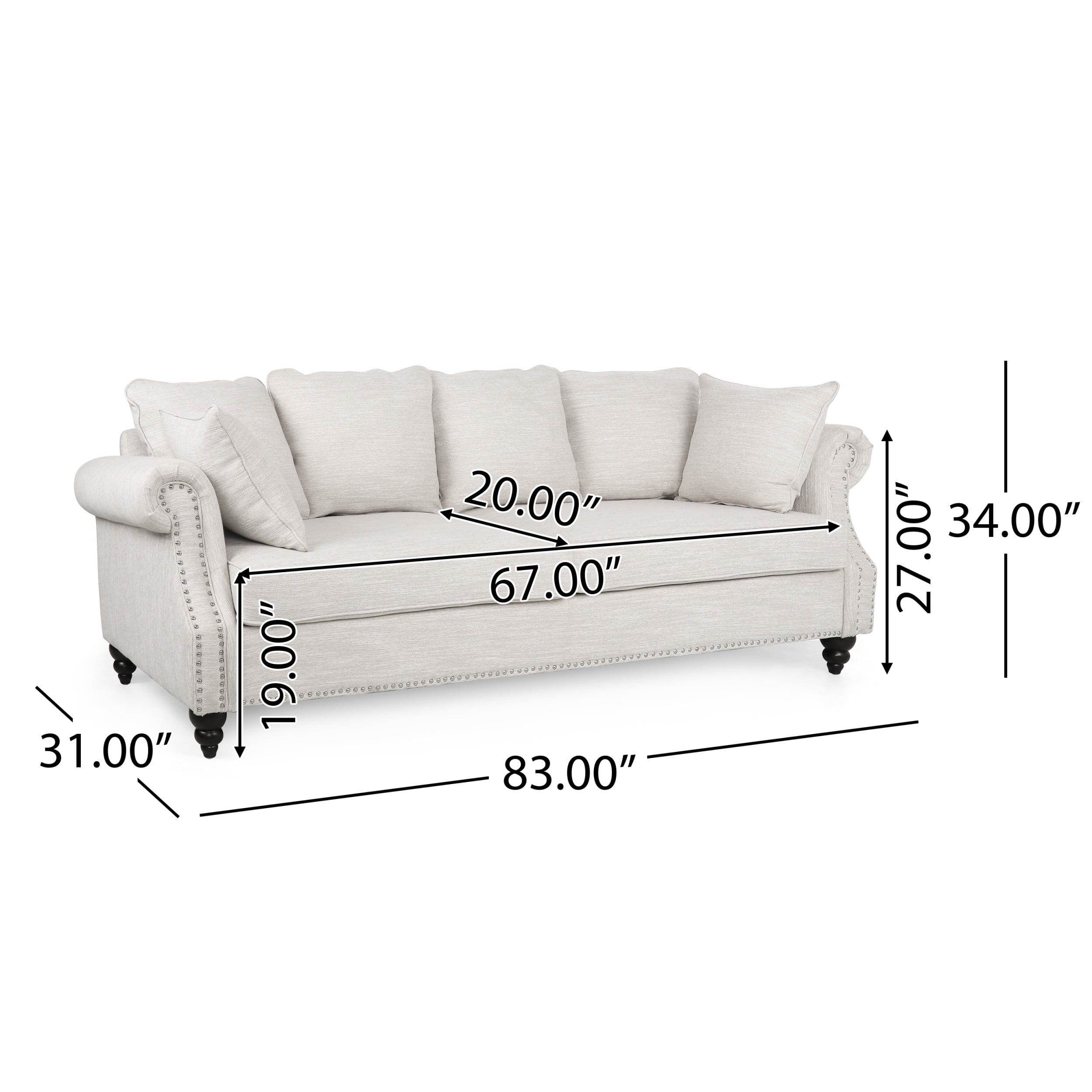 Noble House Viewland Fabric Pillowback 3 Seater Sofa with Nailhead Trim, Beige and Dark Brown