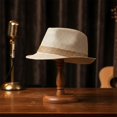 thumbnail image 6 of Byfri Straw Panama Jazz Hat Wide Brim Sun Fedora Hat for Beach Travel Beige + Khaki 56-58cm, 6 of 7