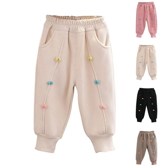 Ahuyic Long Pants for Kids,Girls Bow Print Fleece Pants 1-7 Years Thickened Trousers for Casual Outerwear Winter Warmth,4 Years Beige