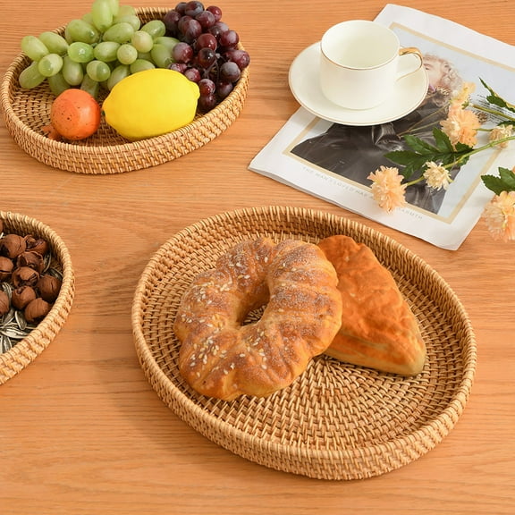 HAXMNOU Rustic Hand-Woven Round Rattan Ottoman Tray for Kitchen, Breakfast, and Coffee Table Use – Natural Round Serving Organizer