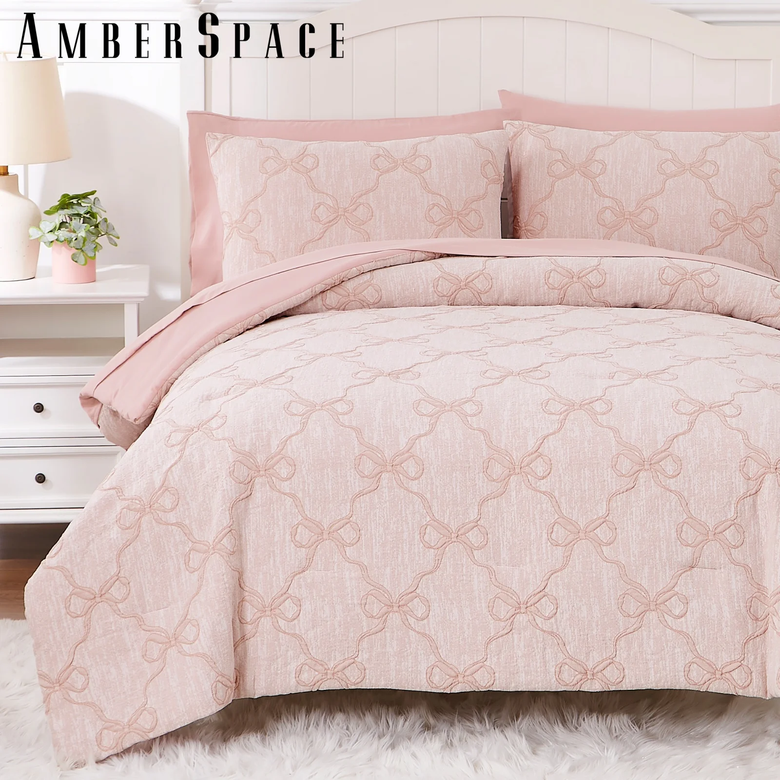 Amberspace Diamond Bow Design 7-piece Bed in a Bag Comforter Set with Sheets,Pink,Full