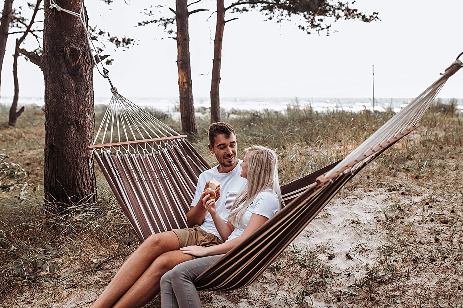 Brasilia Hammock, Handwoven, Polyester/Cotton Blend, Mocha, Single Size, Spreader Bar, 122" L X 55" W, Holds up to 330lbs