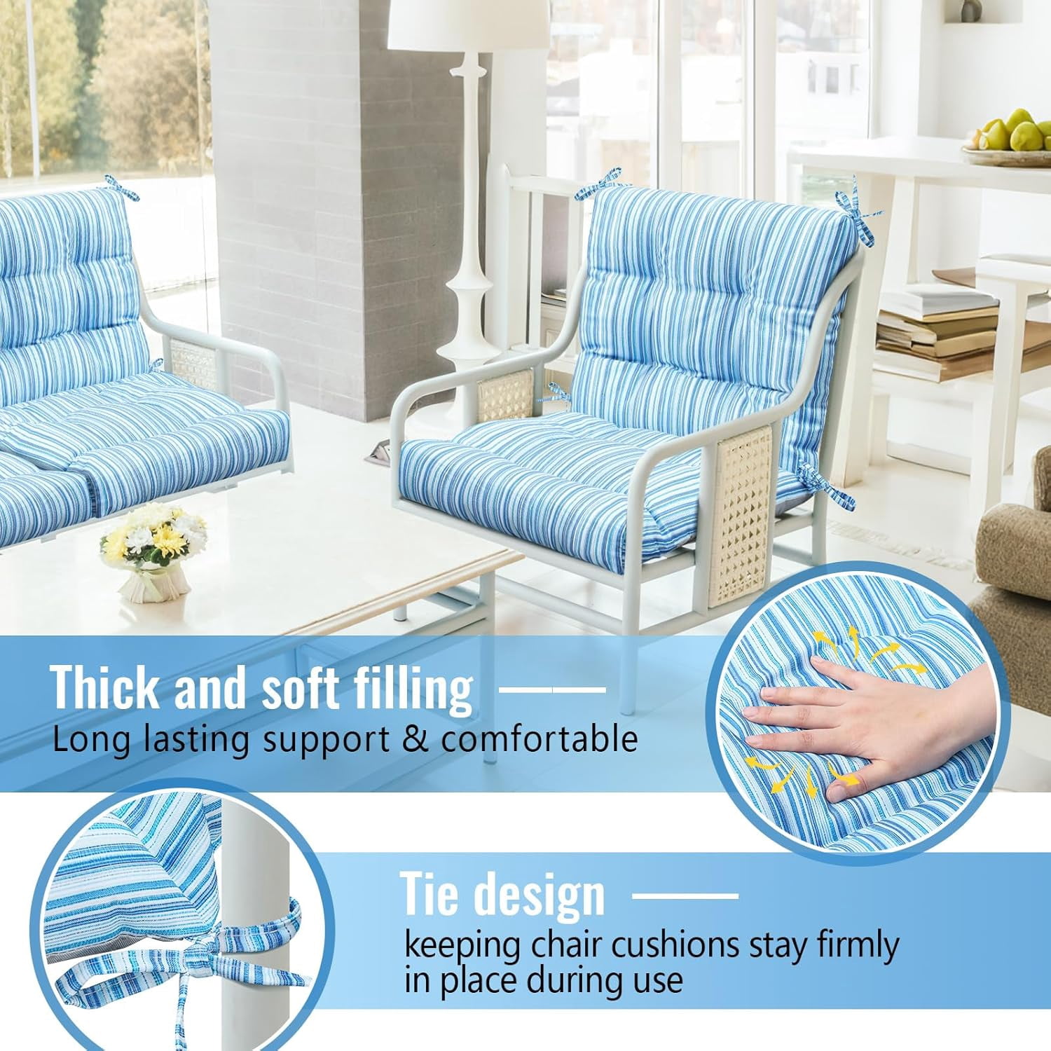 4 Pcs Outdoor Indoor High Back Chair Cushions Patio Furniture Tufted Pillow with Ties Water-Resistant Replacement Outdoor Rocking Chair Cushions, 42 x 21 Inches (Blue Stripes,Stripes)