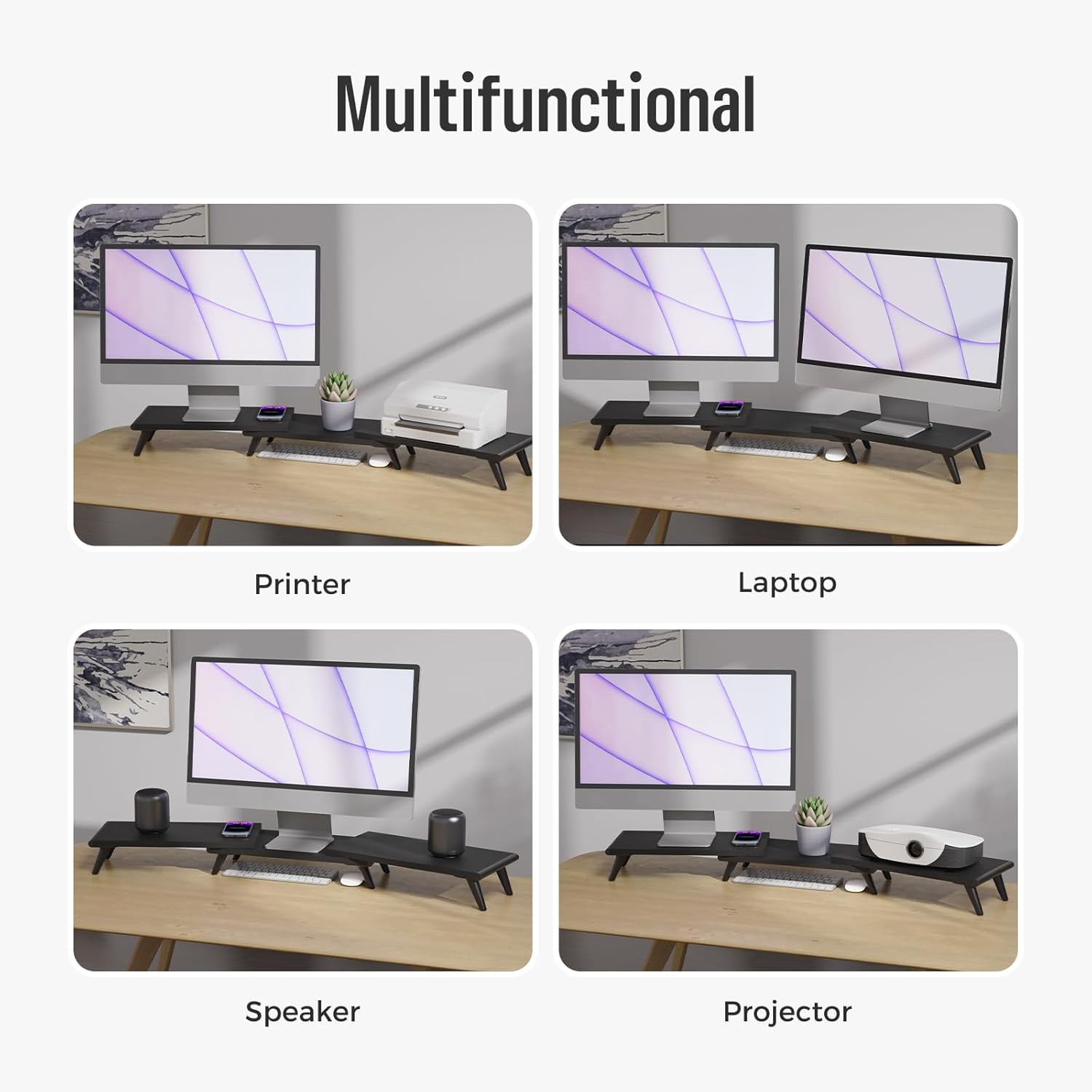 Dual Monitor Stand Riser for Desk, 43.6"*8.2"*3.2" Large Computer Stand for 2 Monitors, Laptop, Printer, Length and Angle Adjustable Computer Shelf, Home Office,Max 43.6" Length(Black)