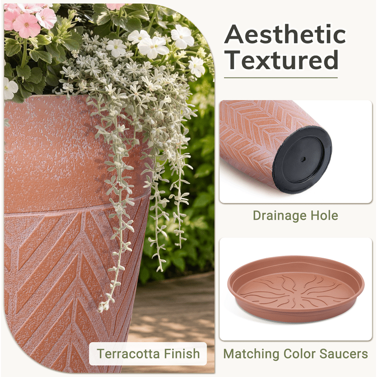 4-Piece Faux Terracotta Tall Planters With Herringbone Texture photo 8