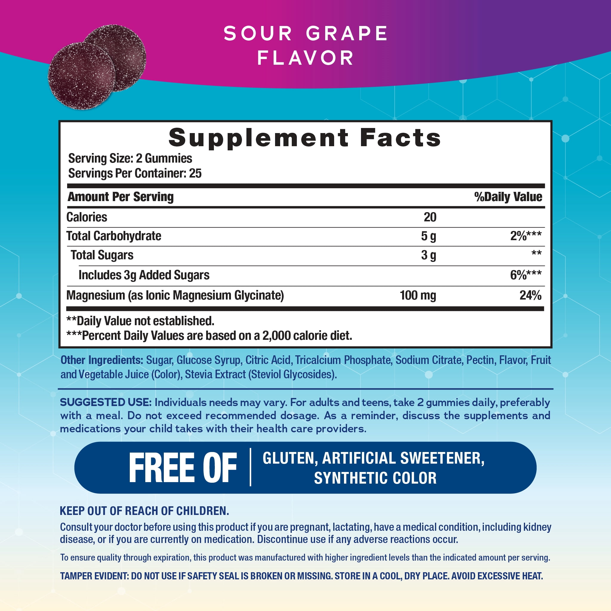 Calm Magnesium Glycinate | 50 Gummies | Sour Grape Flavor Supplement | by Natural Vitality