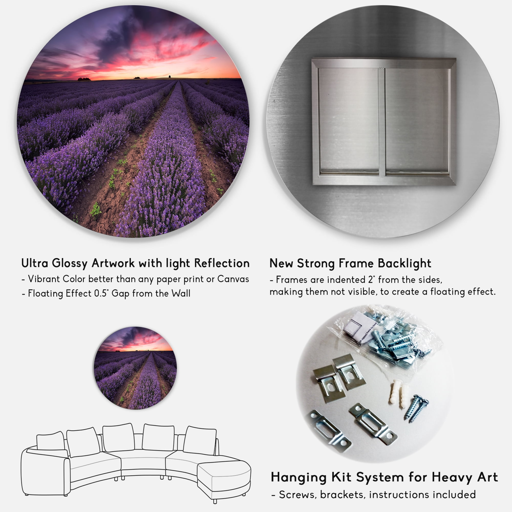Designart 'Dramatic Clouds and Sunrise Over Lavender Field IX' Farmhouse Circle Metal Wall Art 36x36 - Disc of 36