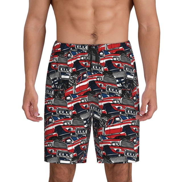 Vsdgher Shorts de Pyjama pour Hommes Imprimé Voitures Rouges et Bleues Bas de Détente Shorts de Sommeil Taille Élastique Shorts de Pyjama Légers avec Poches-4TG