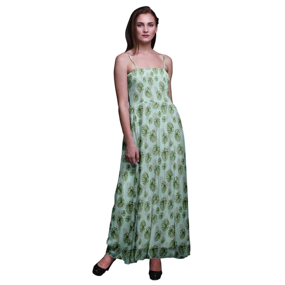 Bimba Monstera Leaves Bimba Printed Women Flowy Smocked Spaghetti Strap Dress-Medium