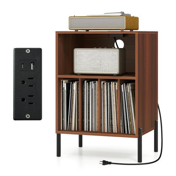 Gymax Record Player Stand w/Charging Station 5 Storage Compartments Anti-toppling Kits