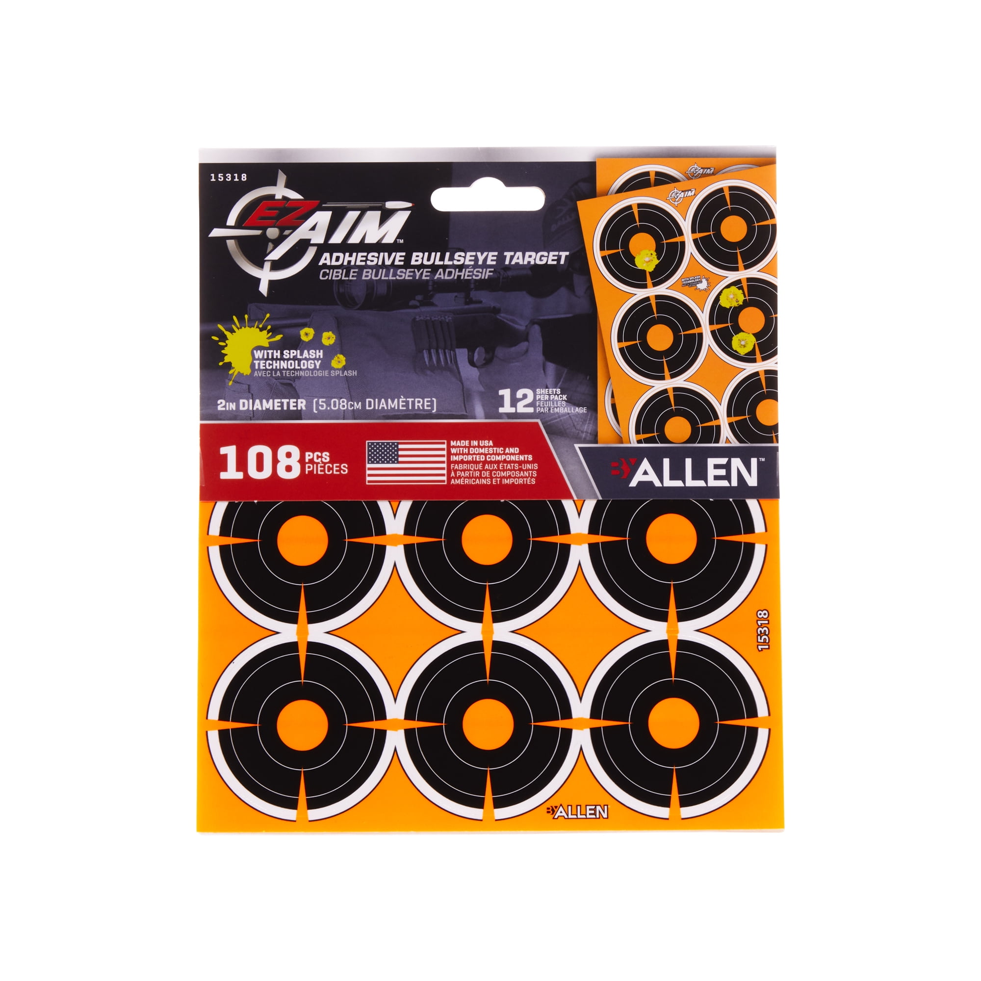 Ez Aim Adhesive Splash Reactive Paper Shooting Targets, 2 In Bullseye, 9-Targets Per Sheet, 12 Ct, Black, 2 Pack