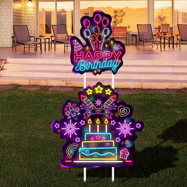 2 Pieces Happy Birthday Yard Signs with Stakes Birthday Cake Yard Sign