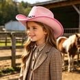 thumbnail image 2 of Quealent Kids' Cow Western Cowboy Cowgirl Hat Wide Brim Felt Vintage Fedora Strap Outdoor Sun Hat (Pink, 3-15 Years), 2 of 8