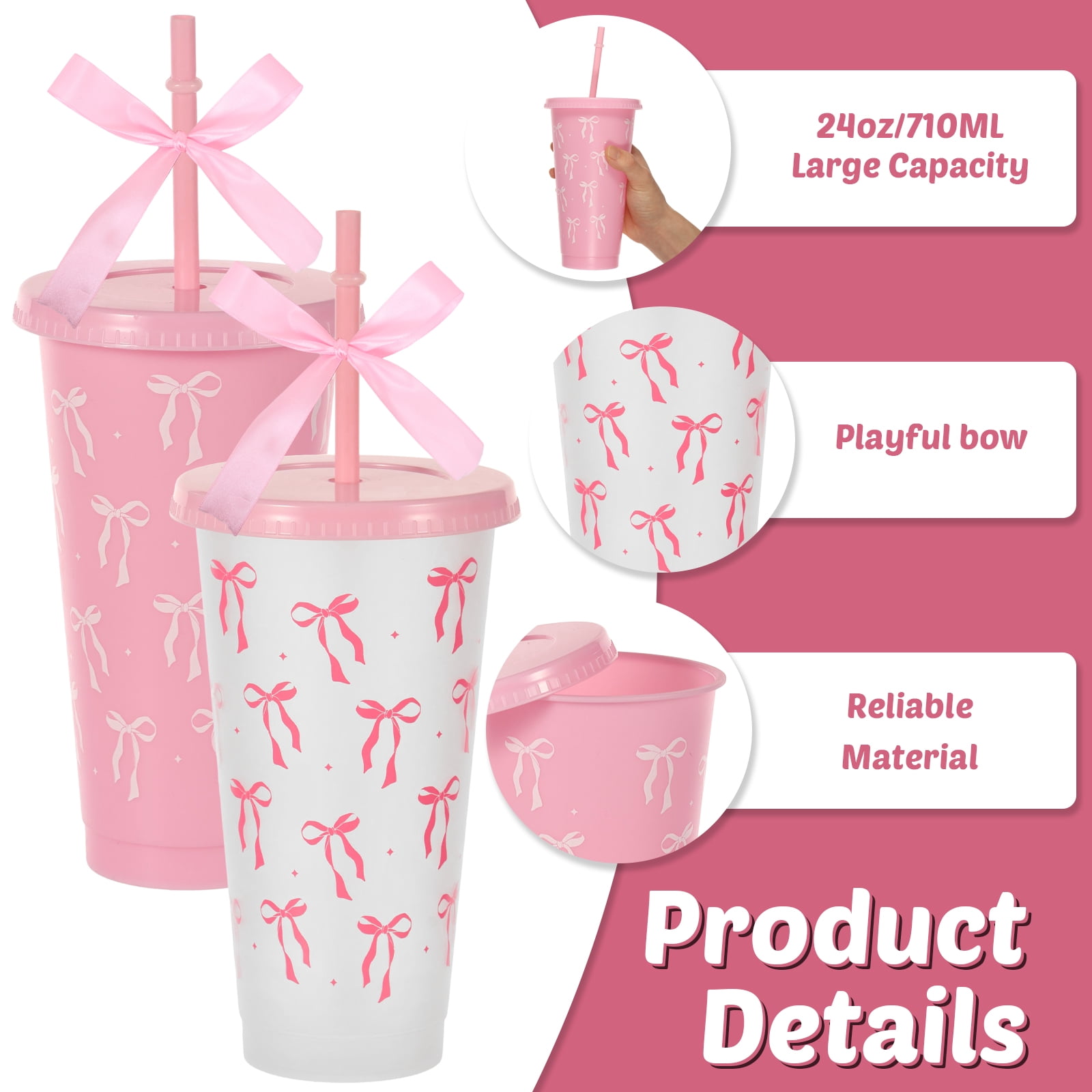 24 Pcs 24oz Bow Plastic Cup with Lid Straw and Ribbon Reusable Tumbler for Birthday Wedding Baby Shower Bridal Party Pink