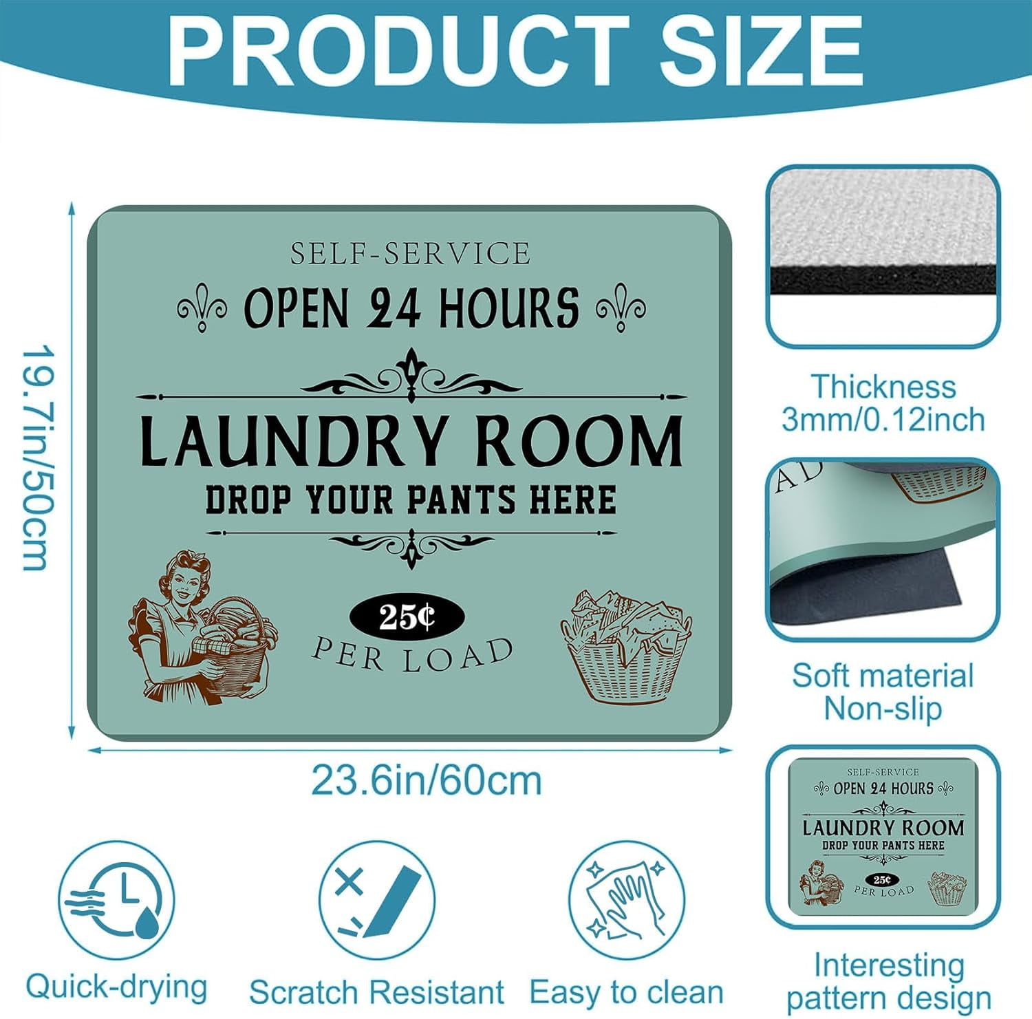 Non-Slip Washer & Dryer Top Cover Protector Mat Dust-Proof Washing Machine Cover Pad With Vintage Teal & Green Laundry Sign Design Universal 23.6"x19.7" for Laundry Room & Kitchen Decor