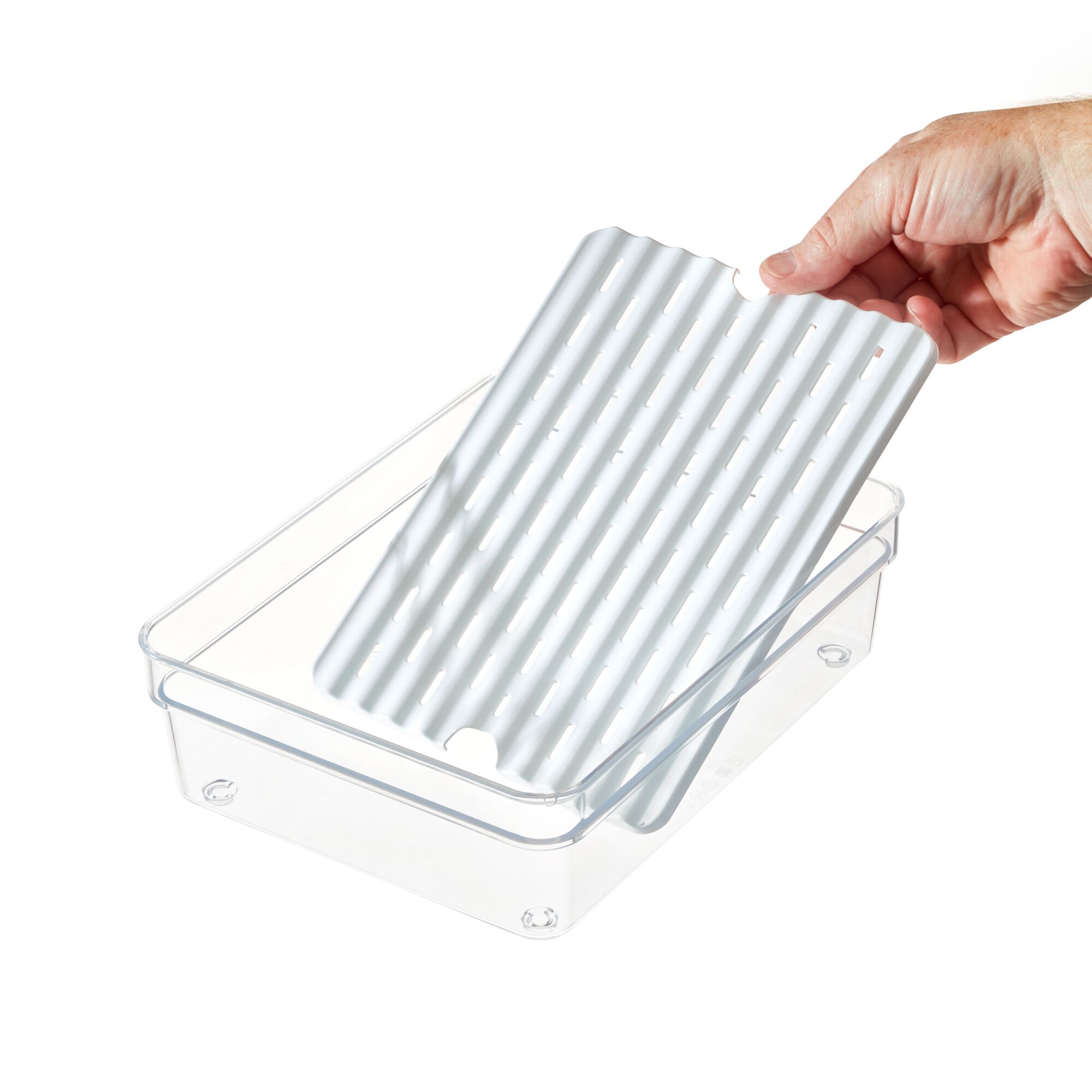 iDesign Large Short Produce Storage Bin with Insert Tray and Lid, 7.8” L x 10.5” W x 3” H, Clear
