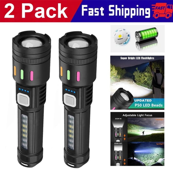 2 Pack 350000000 Lumen Super Bright LED Tactical Flashlight Rechargeable LED Work Light (5 Lighting Modes)