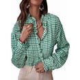 thumbnail image 3 of Women'S Plaid Ruffle V Neck Button Down Blouse Casual Long Sleeve Gingham Work Checkered Shirt Tops Green M, 3 of 8
