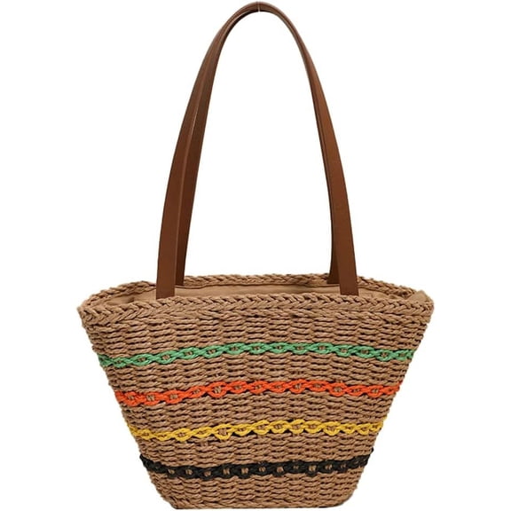 Kukuzhu Women Large Beach Tote Bag Hand-woven Stripe Beach Travel Straw Handbag Shoulder Bag