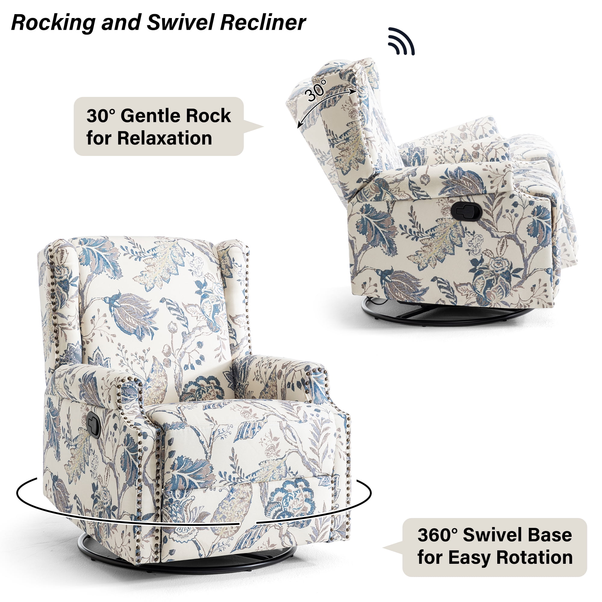 DREAMSIDEA Recliner Swivel Glider Rocker Nursery Chair for Adults, High Back Upholstered Rocking Armchair for Living Room, Manual Reclining Sofa Lounge Chair with Deep Seat in Fabric - Blue Plants