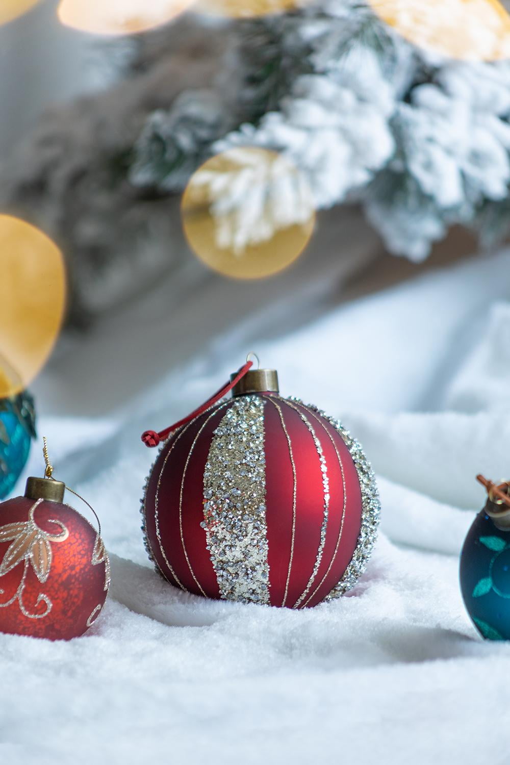 Set of 4 Glass Christmas Ball Ornaments with Glitter and Painting Design by Riccardo Tree Decor