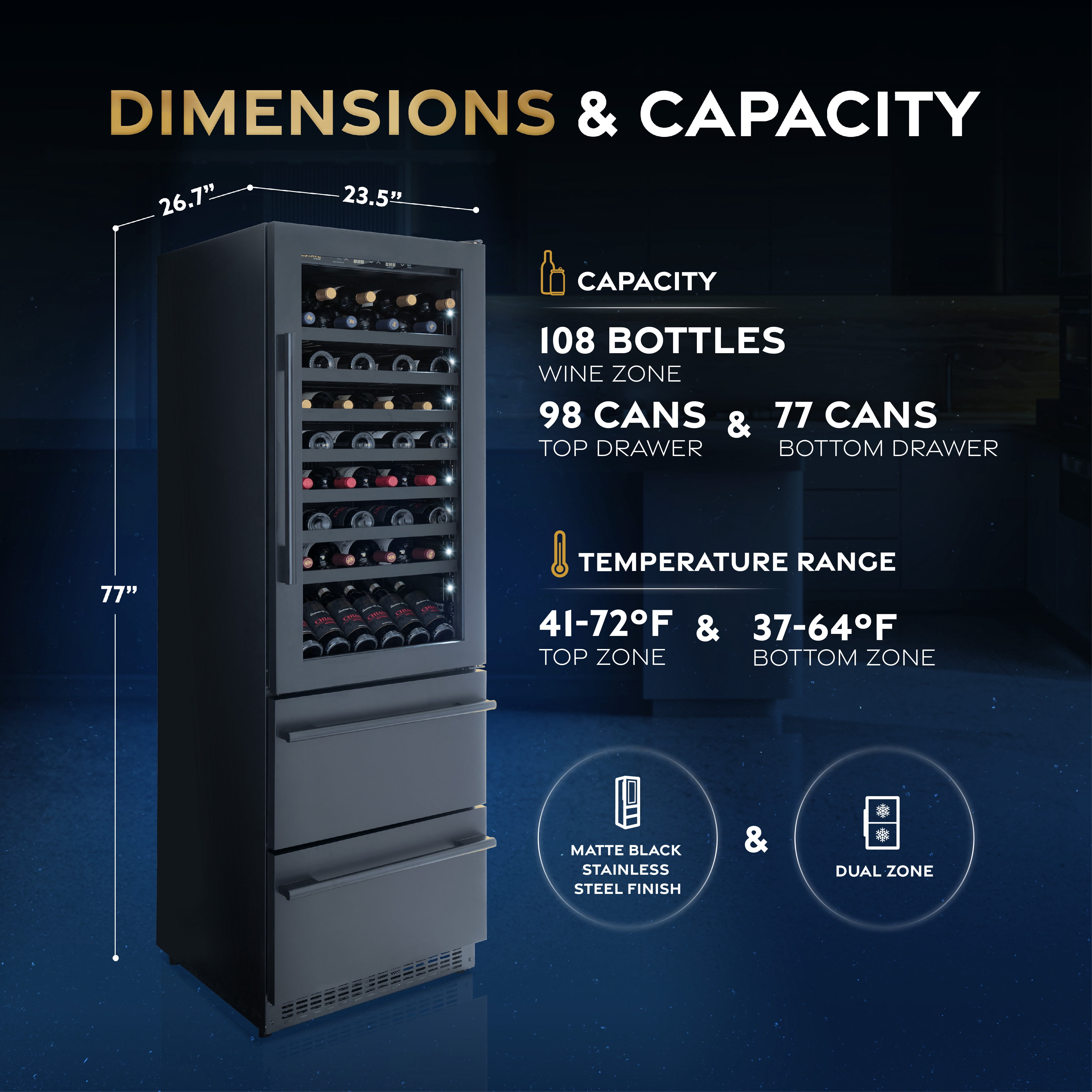 ESTATE 24” Premium Dual Zone Wine Fridge and Beverage Center, Drawer Cabinets with 175 Can Capacity