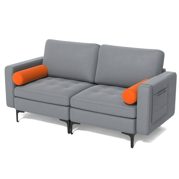 Costway Modern Loveseat 2-Seat Sofa Couch w/ 2 Bolsters Side Storage Pocket Ash Grey