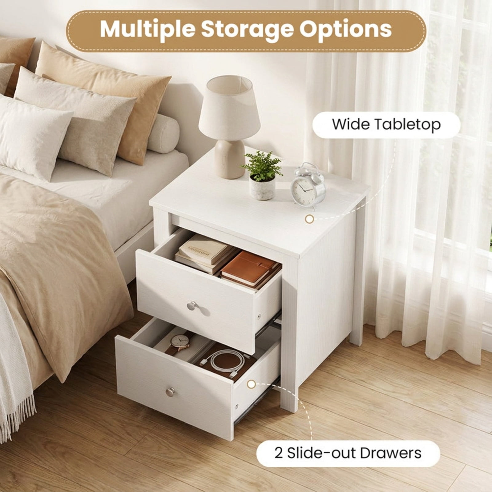 Furnibear Nightstand with 2 Drawers & Storage for Bedroom Living Room Small Spaces for Bedroom Living Room Bedside Sofa Side Small Space, White