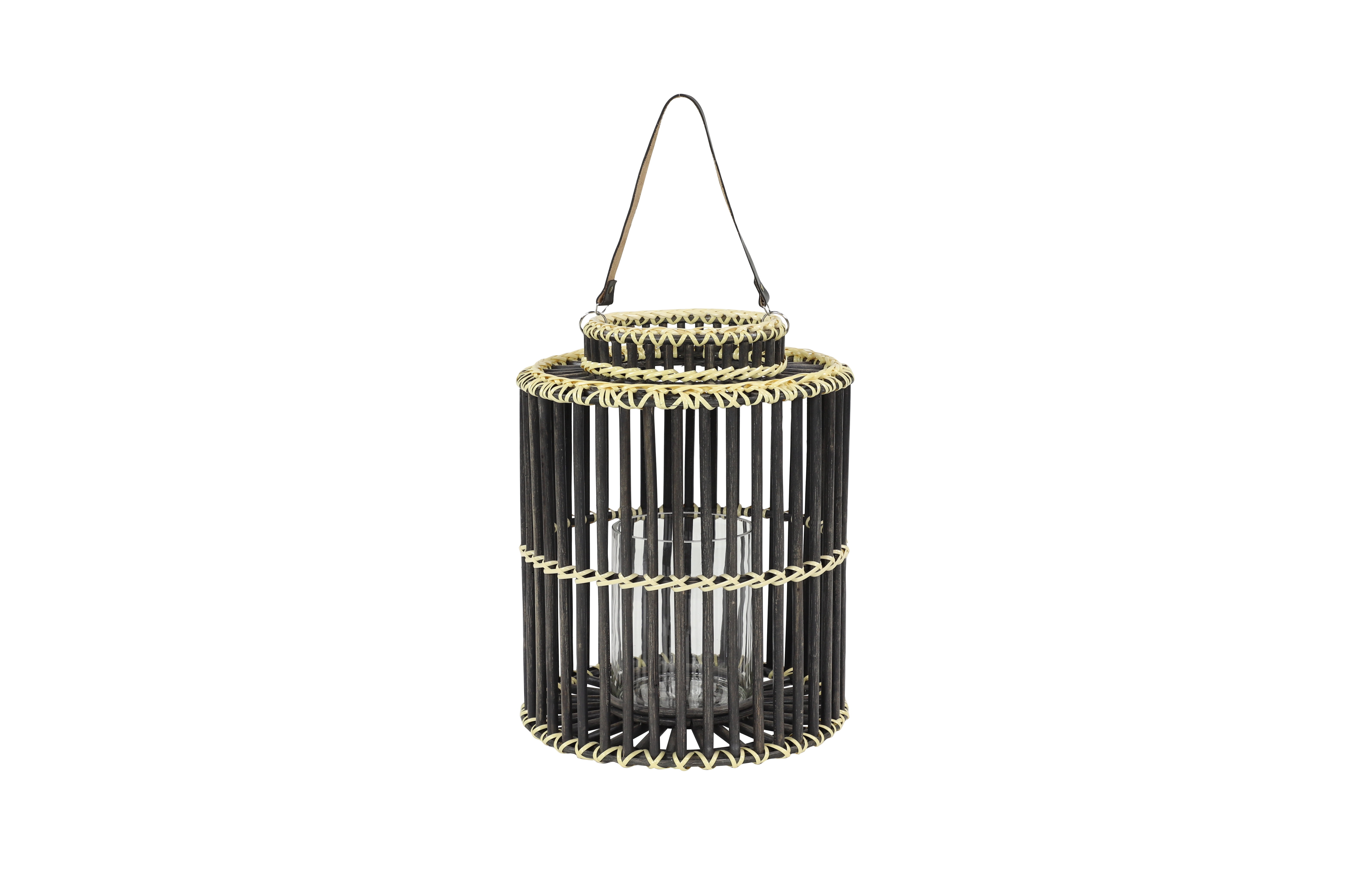 Decmode - 14” x 18” Large Cylindrical Black Rattan Rustic Lantern, Birdcage Shape