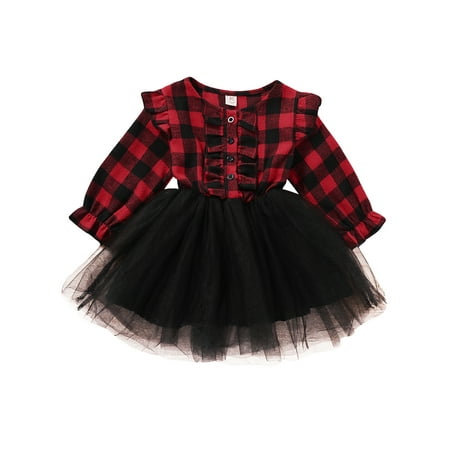 

Bmnmsl Baby Girl Mesh Ruffle Dress Plaid Long Sleeve Romer Fluffy Skirt with Belt