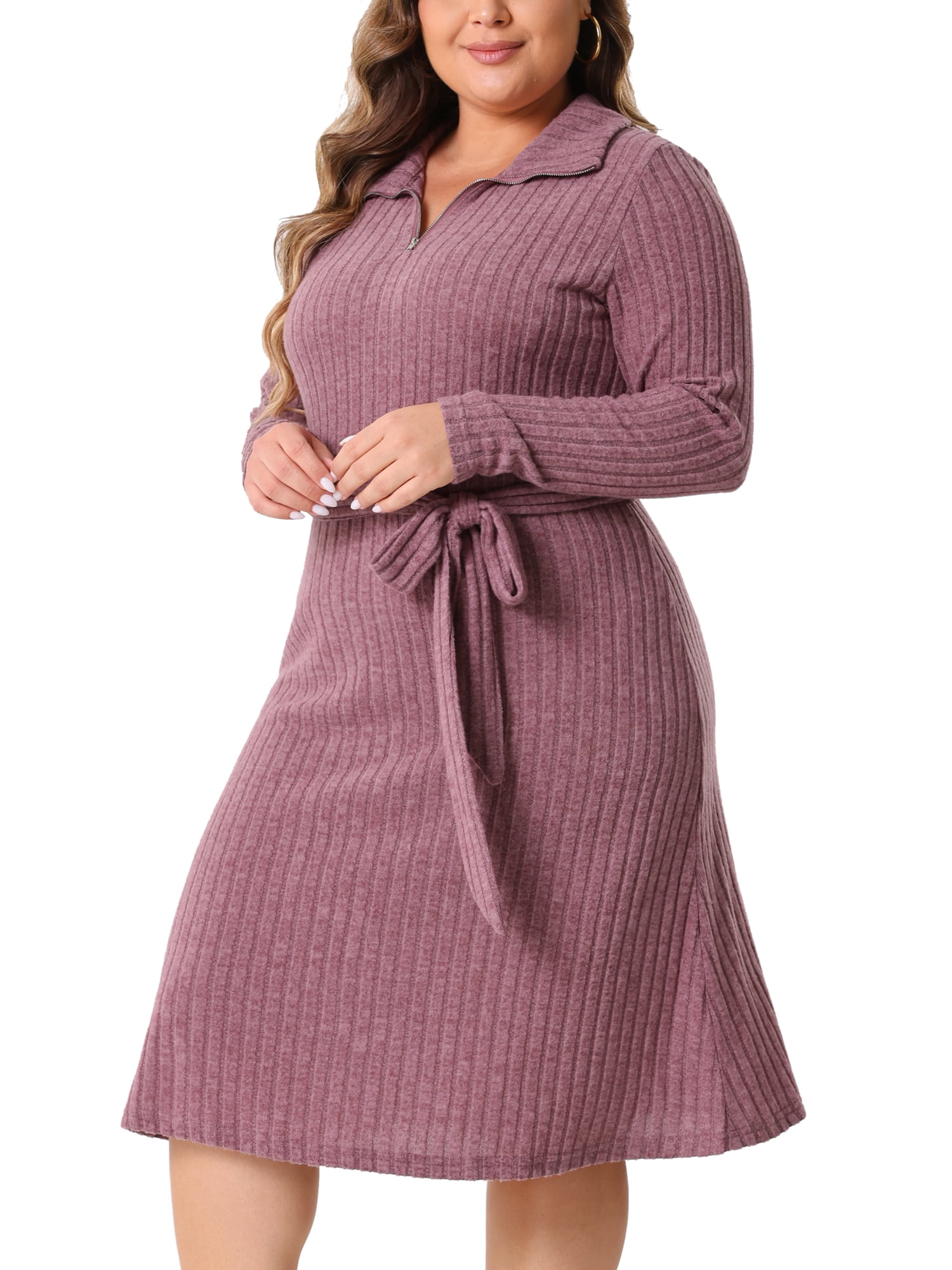 DARING DIVA Plus Size Ribbed Sweater Half Zip Front and Tie Waist Dress 1X Purple
