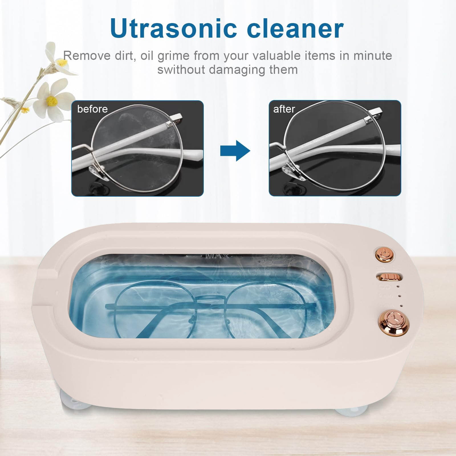 Portable Jewelry Cleaner, Ultrasonic Jewelry Cleaning Machine for Glasses, Braces, Watches, Dentures, Razors, Household Ultrasonic Cleaner, Quiet 3-Mode System, Deep Crevice Cleaning, 1 Unit Included