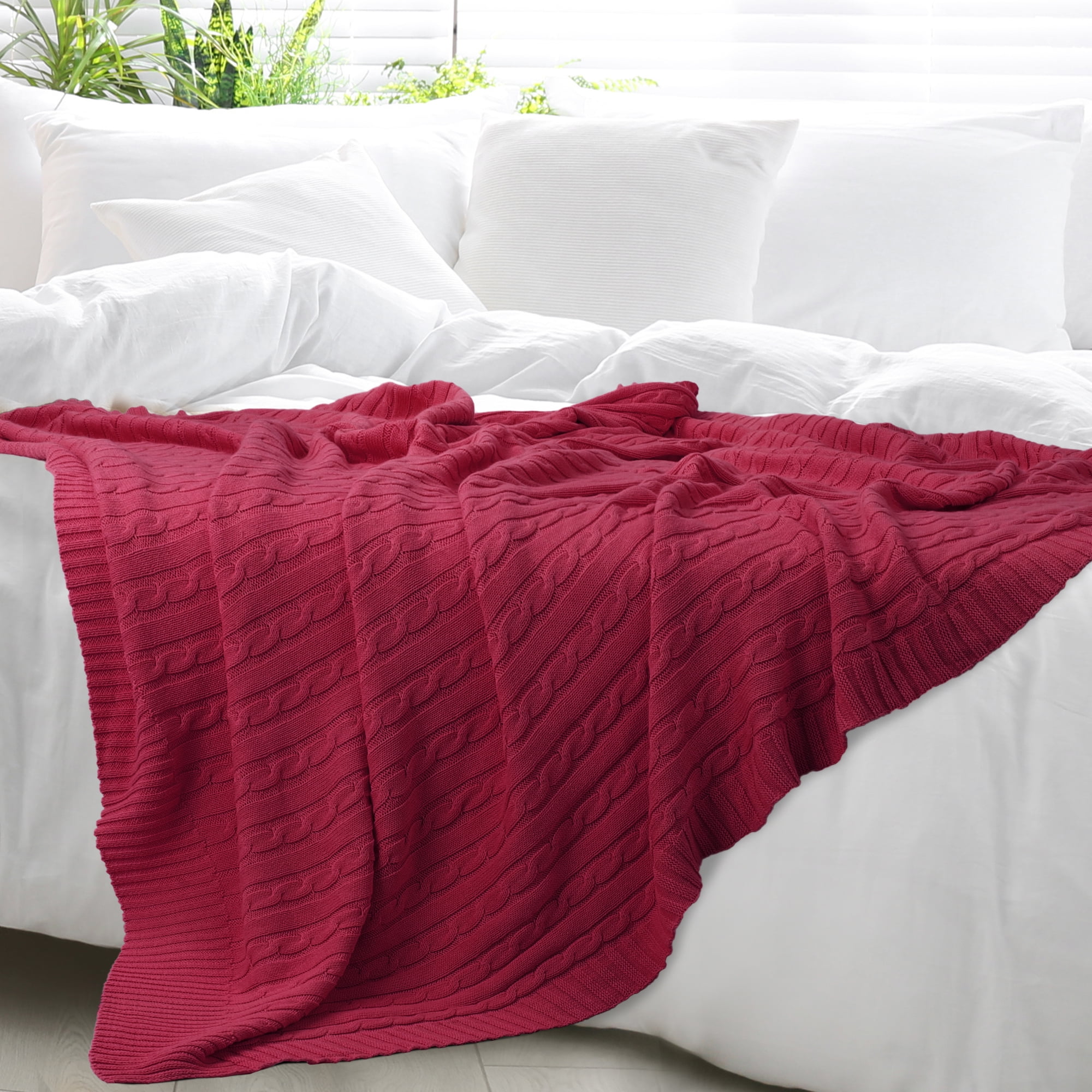 Unique Bargains Cable Knitted Bed Sofa Throw Blanket Red 71" x 79"