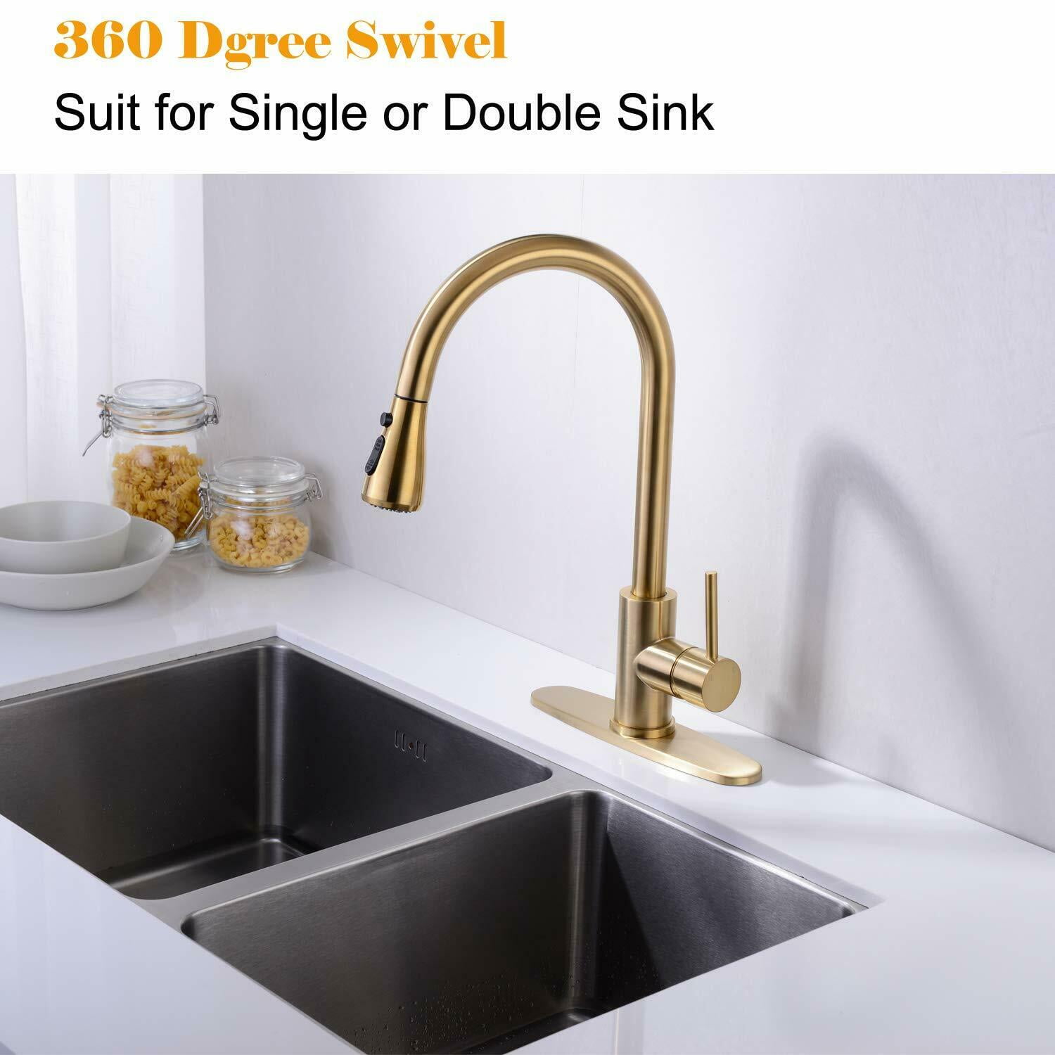 Brushed Gold Kitchen Sink Faucet Pull Down Mixer with Cover