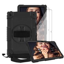 FIEWESEY Case for Lenovo Tab M10 Plus 3rd Gen 10.6 Inch,Shoulder Strap Hand Strap Rotatable Stand Kids Shockproof Cover for Lenovo Tab M10 Plus 3rd Gen 2022 Screen Protector(Black/Black,2 Pcs)