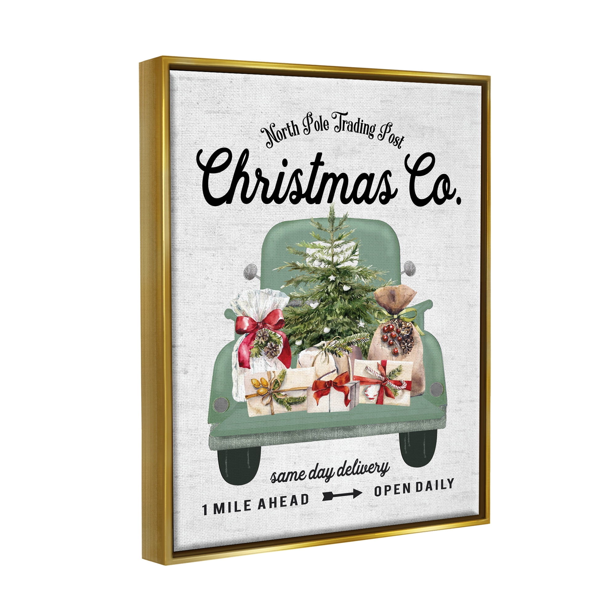 Stupell Industries Christmas Co Gift Truck Holiday Painting Gold Floater Framed Canvas Art Print Wall Art, 17 x 21