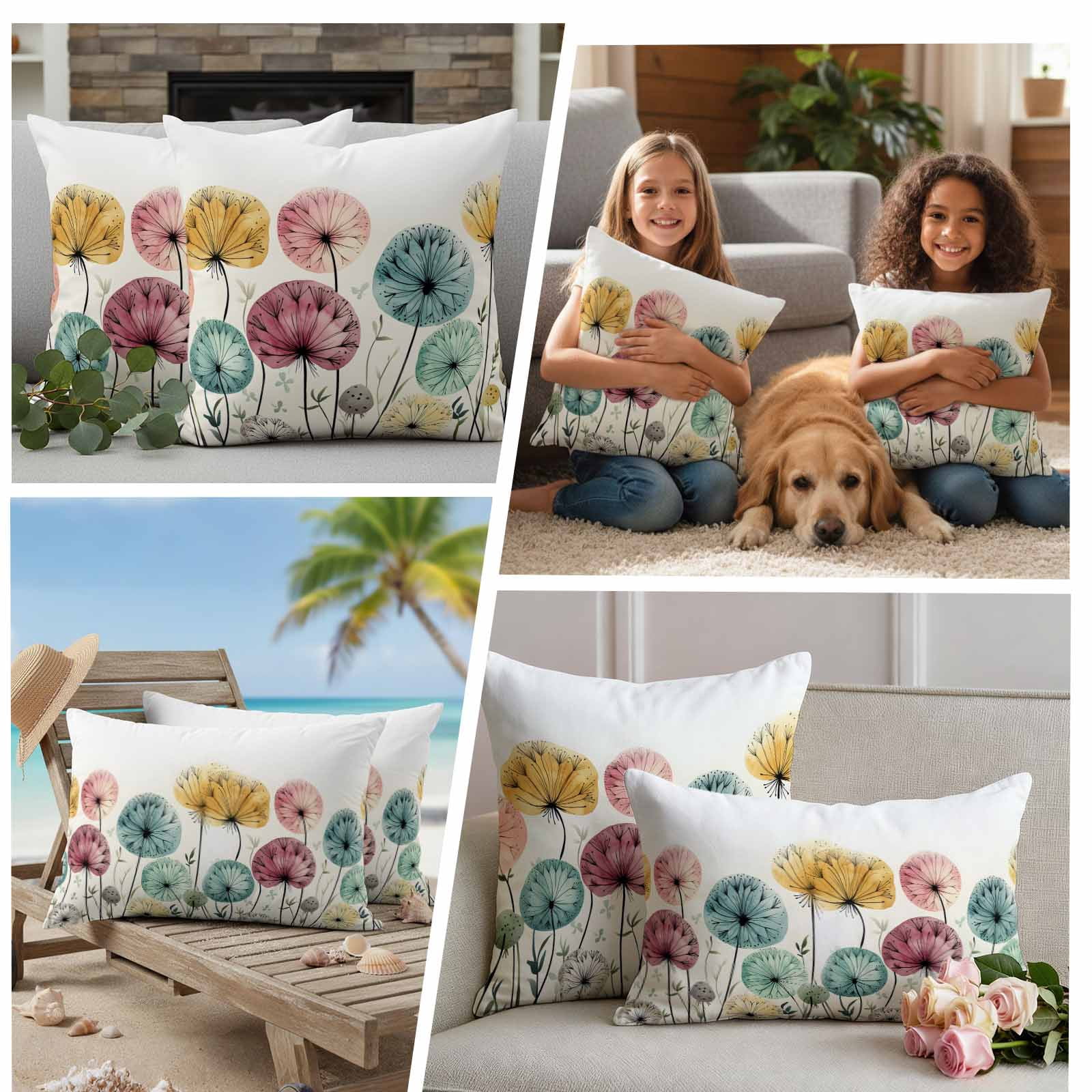 Spring Floral Outdoor Waterproof Pillow Covers, Modern Abstract Art Farmhouse Botanical Decorative Square Throw Pillowcase Sofa Cushion Sham for Patio/Couch/Chair, 20"x20" 2 Pack
