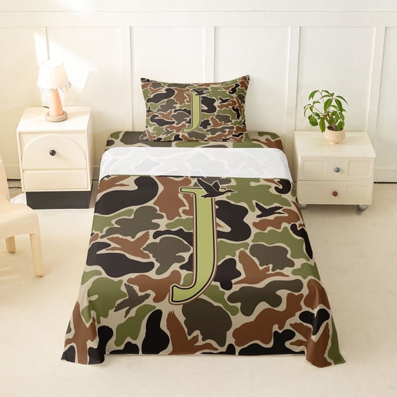 Castle Fairy Camo Duck Letter J Twin Sheet Sets 3pcs for Men,Hunting Theme Bedding for Rustic Art