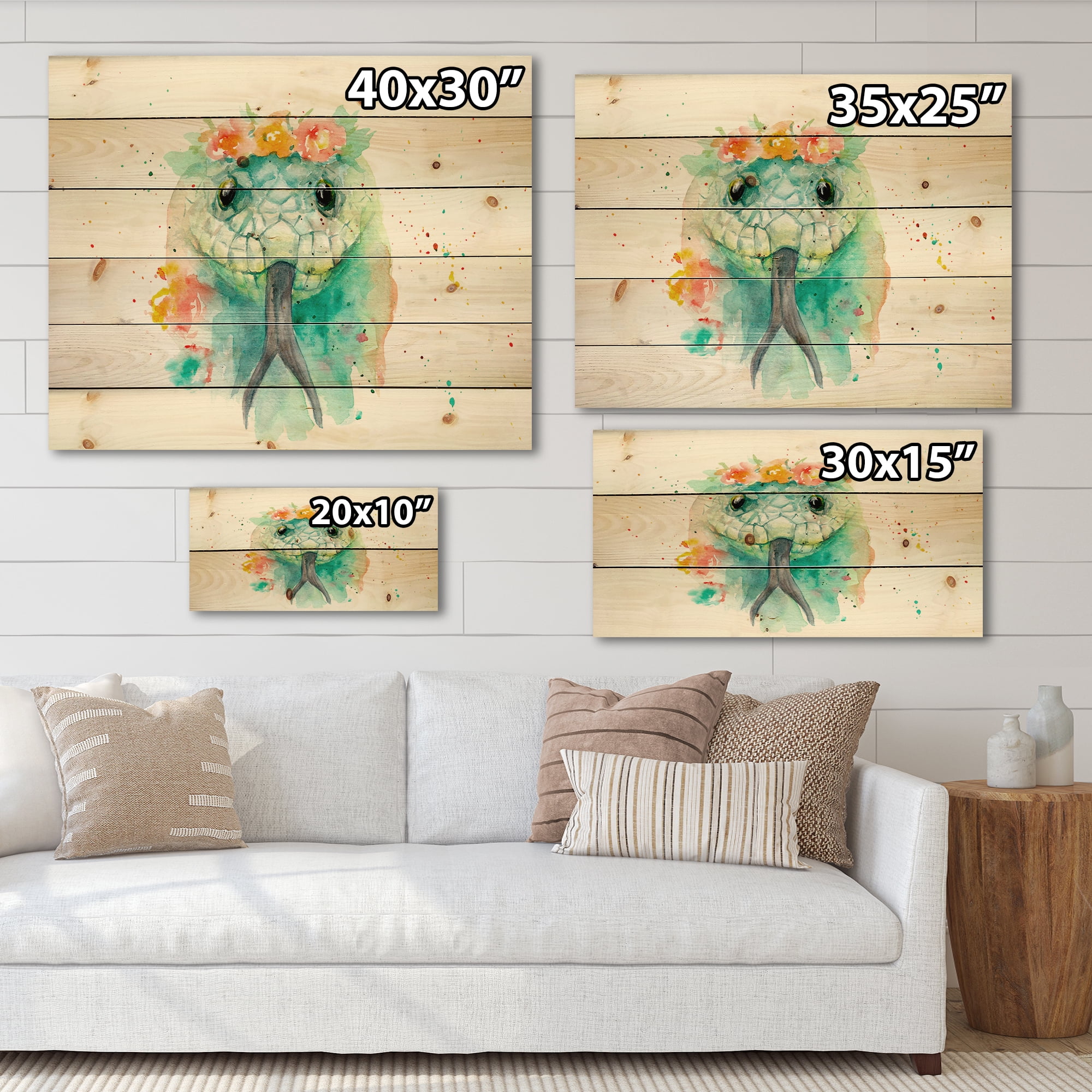 Designart 'Portrait A Green Snake In Flowers' Farmhouse Print on Natural Pine Wood
