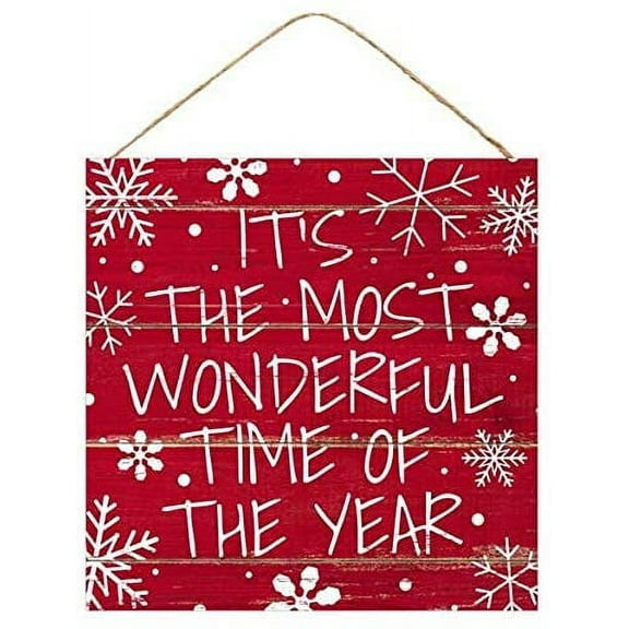 The Most Wonderful Time Christmas Sign - 10" x 10", Red, White Snowflakes, Vintage Christmas Home Decor, Kitchen, Yard, Front Door Decor