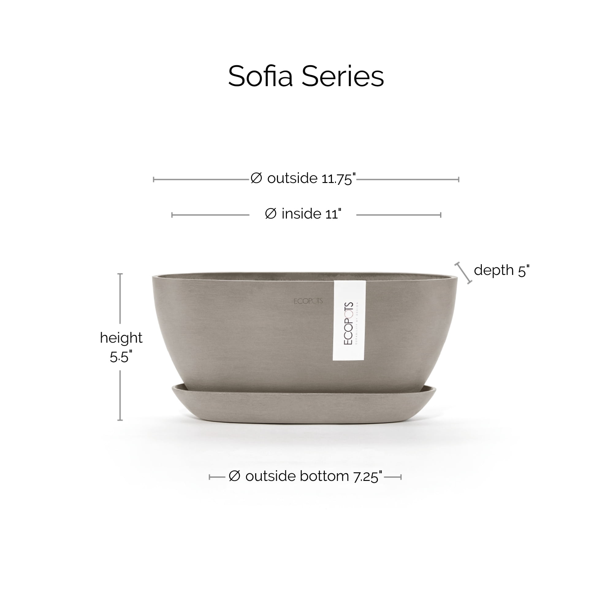 Ecopots Sofia Durable Modern Oval Indoor/Outdoor Recycled Based Composite Flower Pot Planter w/ Water Reservoir, Taupe, 12"